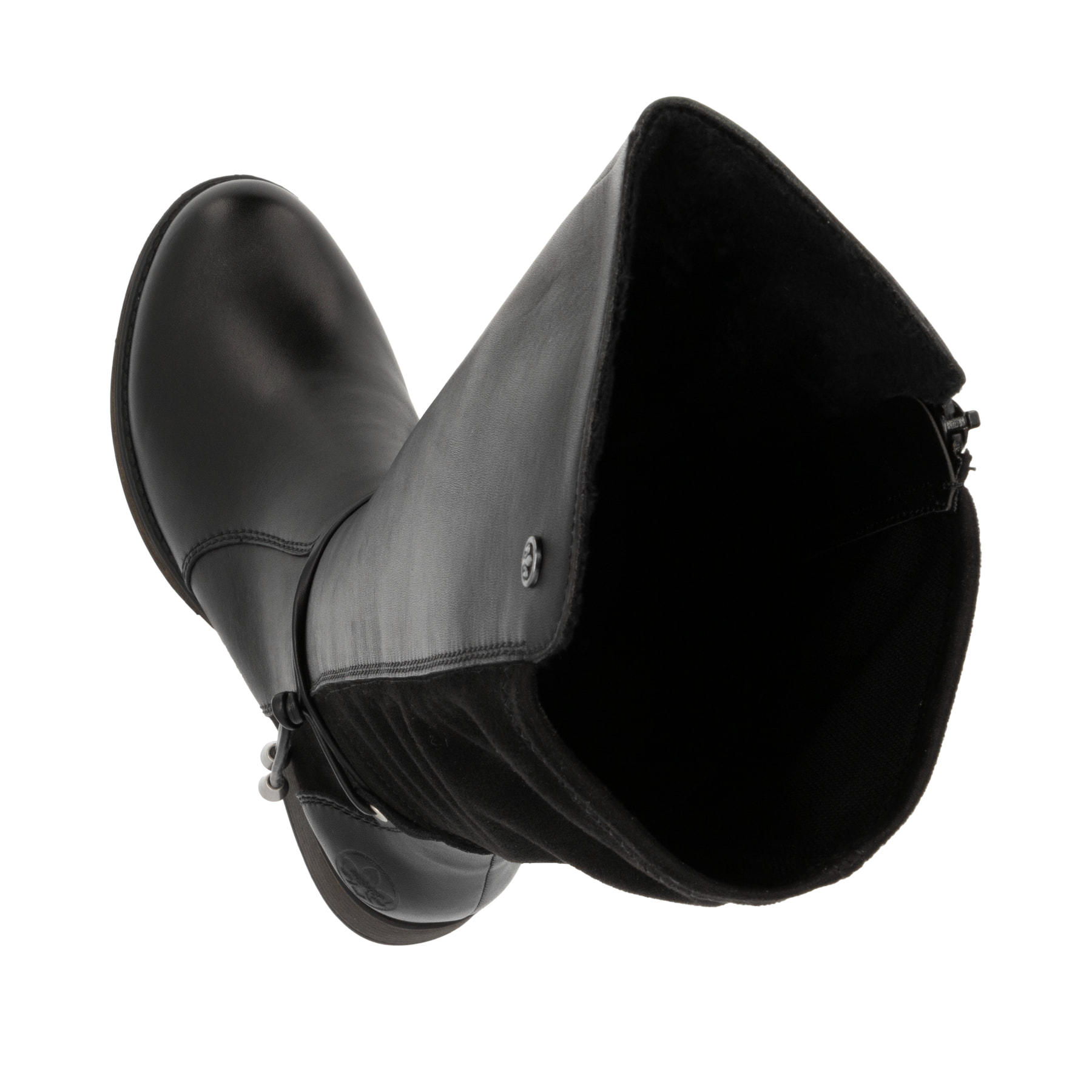 Schwarze Rieker Damen Hochschaftstiefel Z9564-00 aus Glattleder. Schuh von oben, liegend.