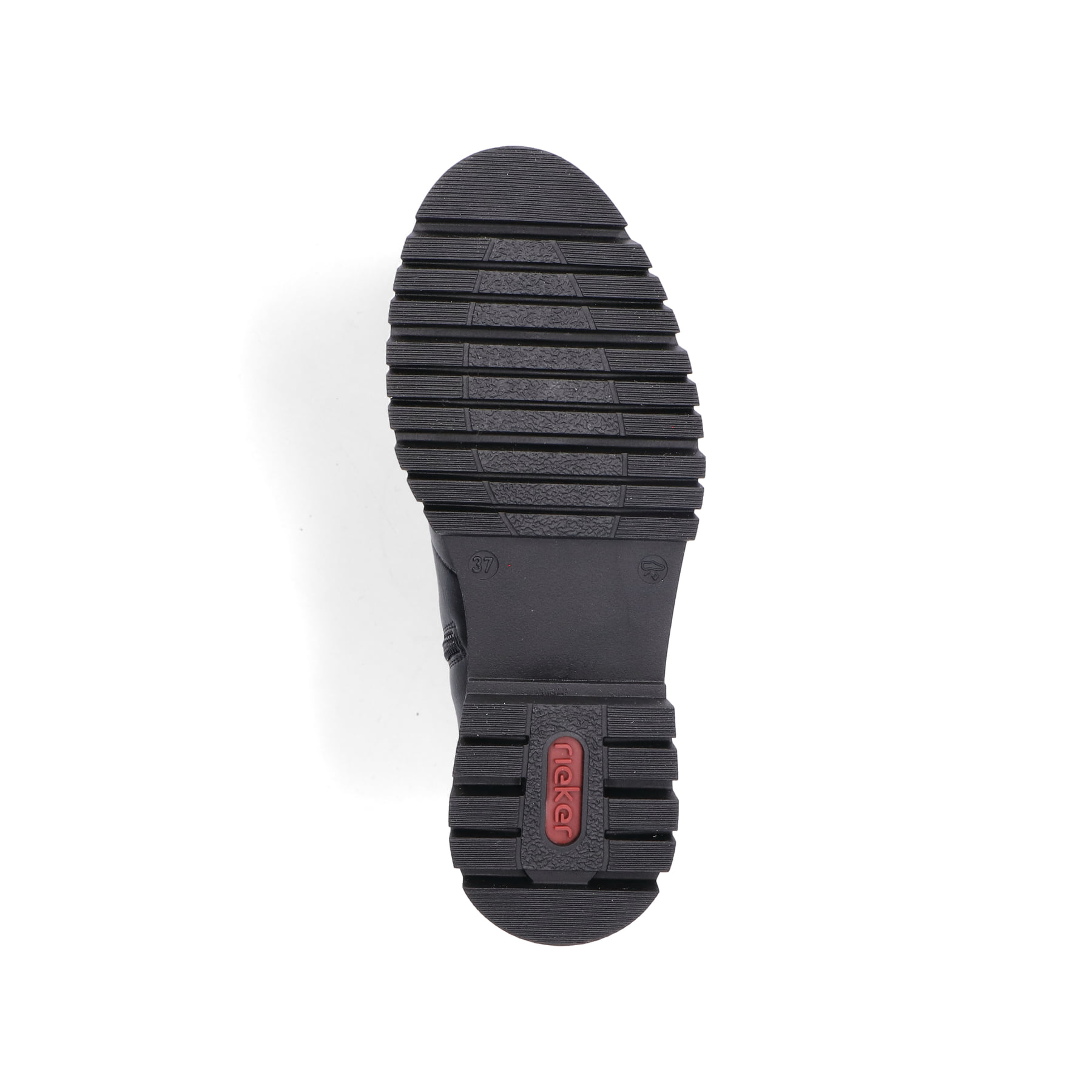 Schwarze Rieker Damen Kurzstiefel 47582-00 mit Deko-Kette sowie Reißverschluss. Schuh Laufsohle.