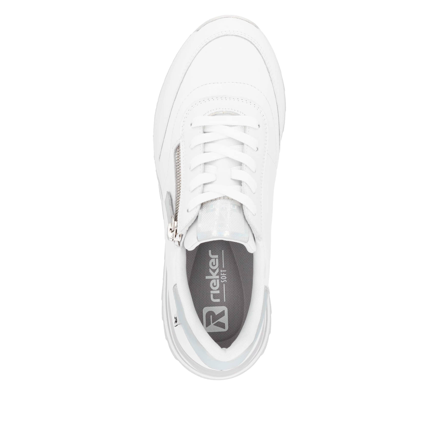 Weiße Rieker Damen Sneaker Low W2402-80 mit einem Reißverschluss. Schuh von oben.