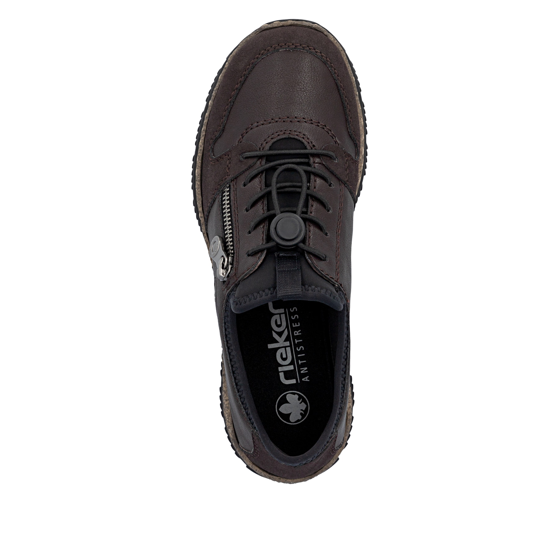 Dunkelbraune Rieker Damen Slipper N32G0-25 mit Deko-Reißverschluss. Schuh von oben.