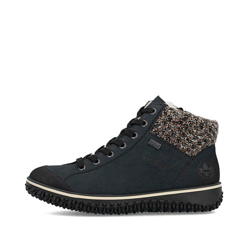 
Ozeanblaue Rieker Damen Schnürschuhe Z4243-14 mit einer robusten Profilsohle. Schuh Außenseite