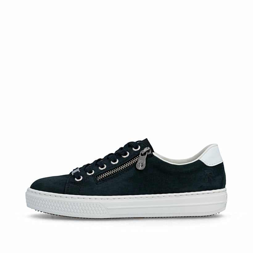 Baskets basses Rieker bleues pour femme L59L1-15 en cuir velours. Côté extérieur de la chaussure.