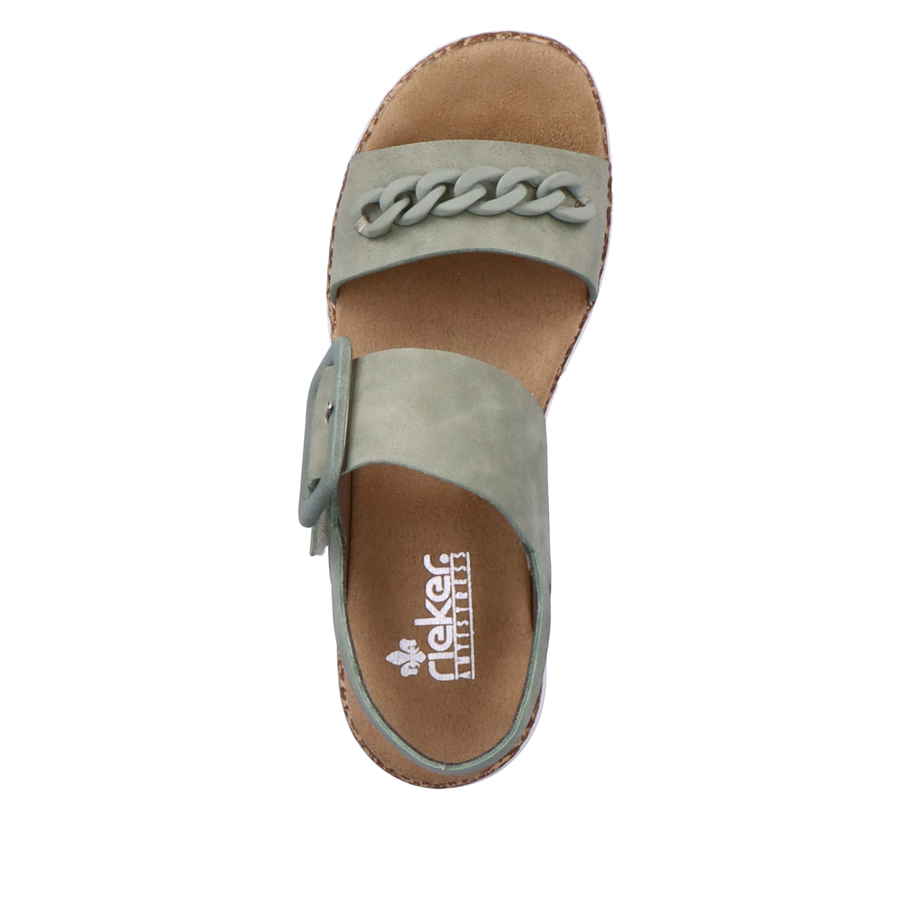 Grüne Rieker Damen Riemchensandalen V2350-52 mit einem Klettverschluss. Schuh von oben.