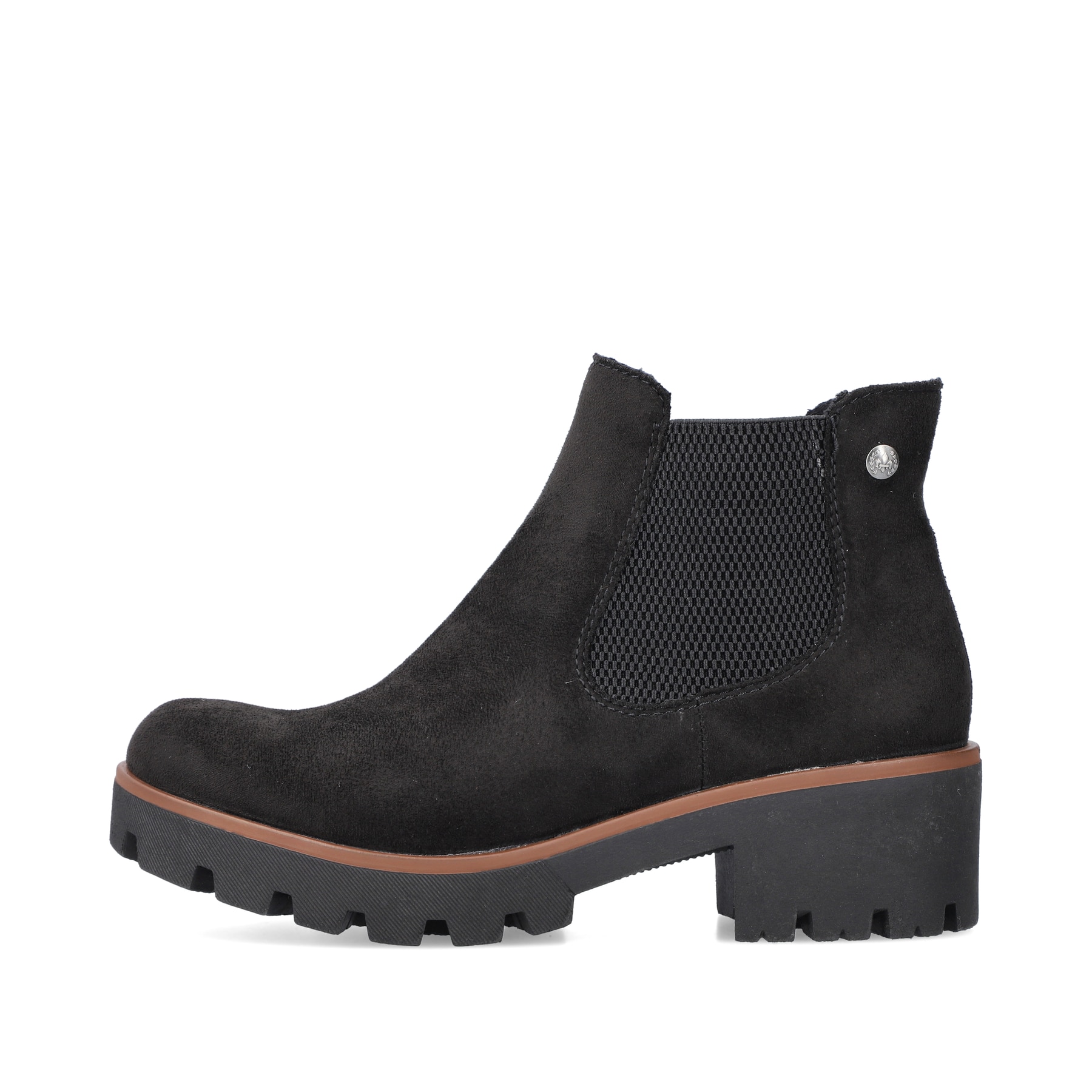 Chelsea Boots Rieker noires pour femme 79265-00 avec bande élastique. Côté extérieur de la chaussure.