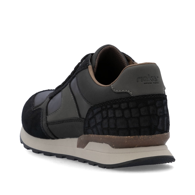 Schwarze Rieker Herren Sneaker Low U0313-00 aus Rauleder mit einer Schnürung. Schuh von hinten.