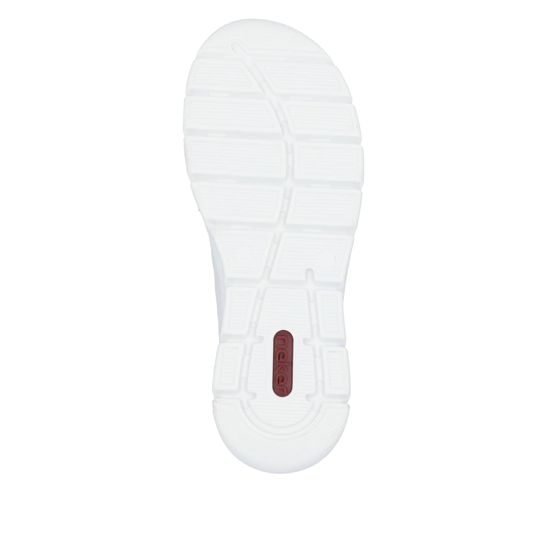 Weiße Rieker Damen Slipper 55064-80 mit Deko-Reißverschluss sowie einem Gummizug. Schuh Laufsohle.