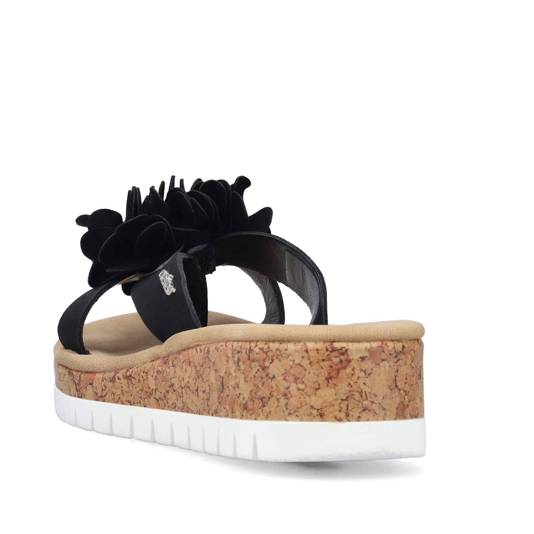 Tiefschwarze Rieker Damen Zehentrenner V4391-00 mit dekorativer Blume. Schuh von hinten.