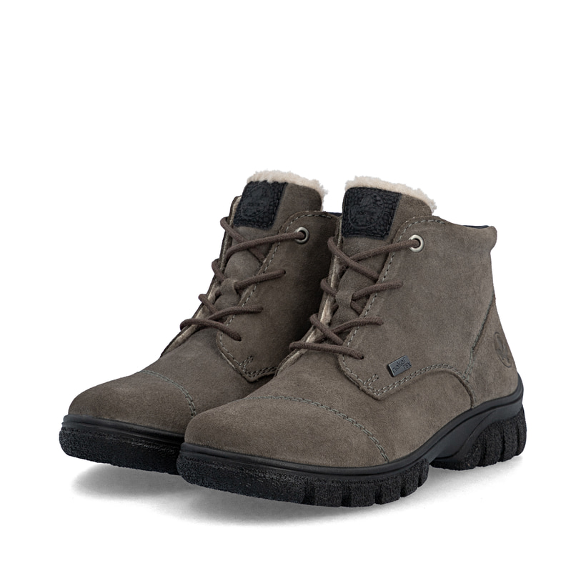 Dunkelgraue Rieker Damen Schnürstiefel Z7218-45 aus Rauleder. Schuhpaar seitlich schräg.