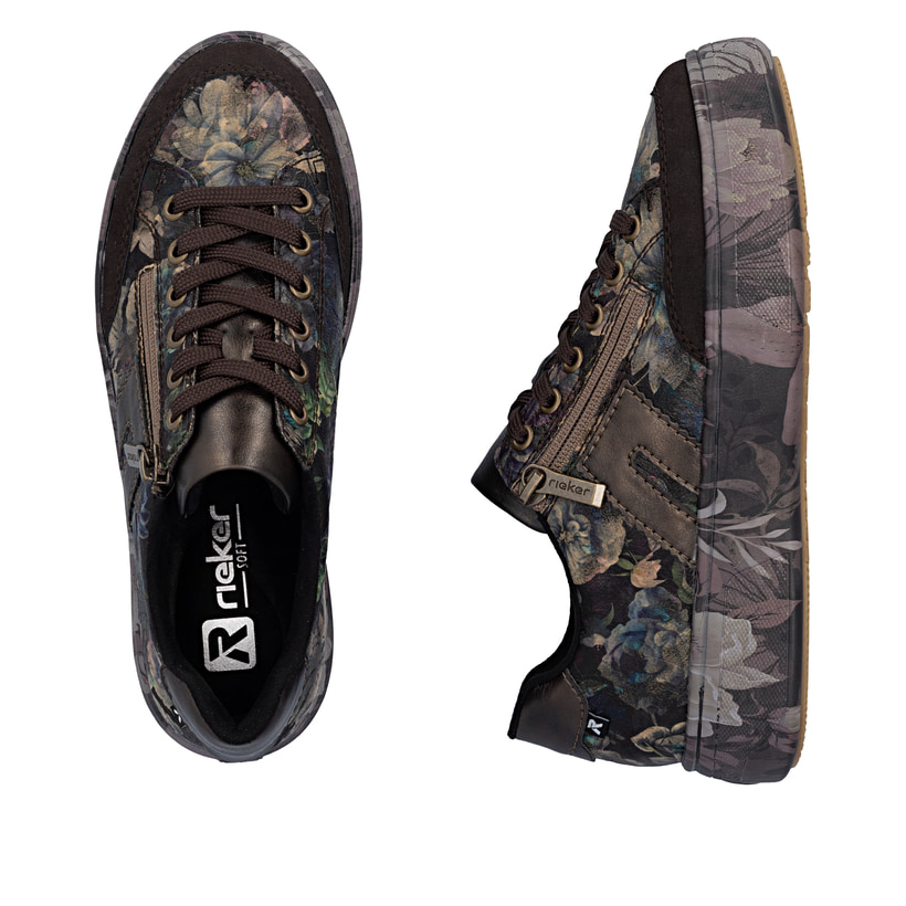 Dunkelbraun-schwarze Rieker Damen Sneaker Low M7711-26 mit floralem Aufdruck. Schuh von oben, liegend.