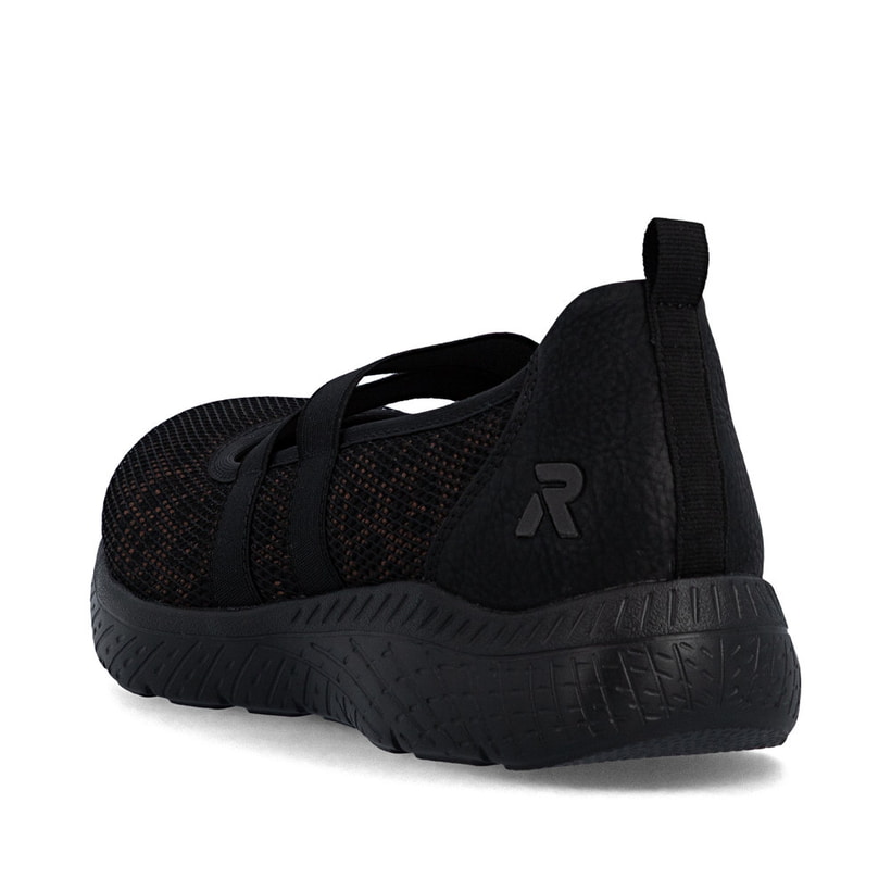 Schwarze Rieker Ballerinas M5075-00 mit einem Gummizug sowie der Komfortweite G. Schuh von hinten.