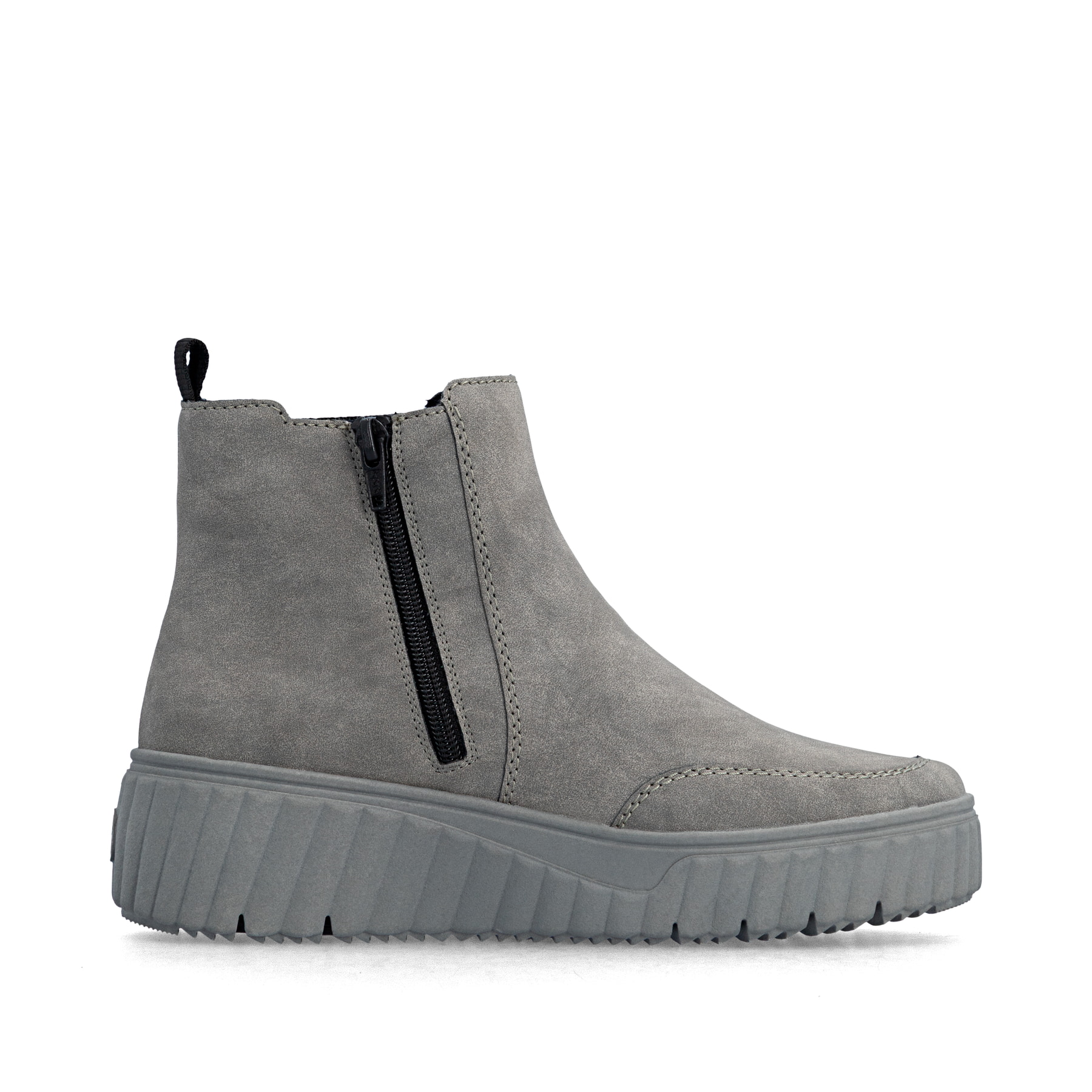 Chelsea Boots Rieker grises pour femme N2553-40 avec fermeture éclair. Chaussure vue de l'arrière.