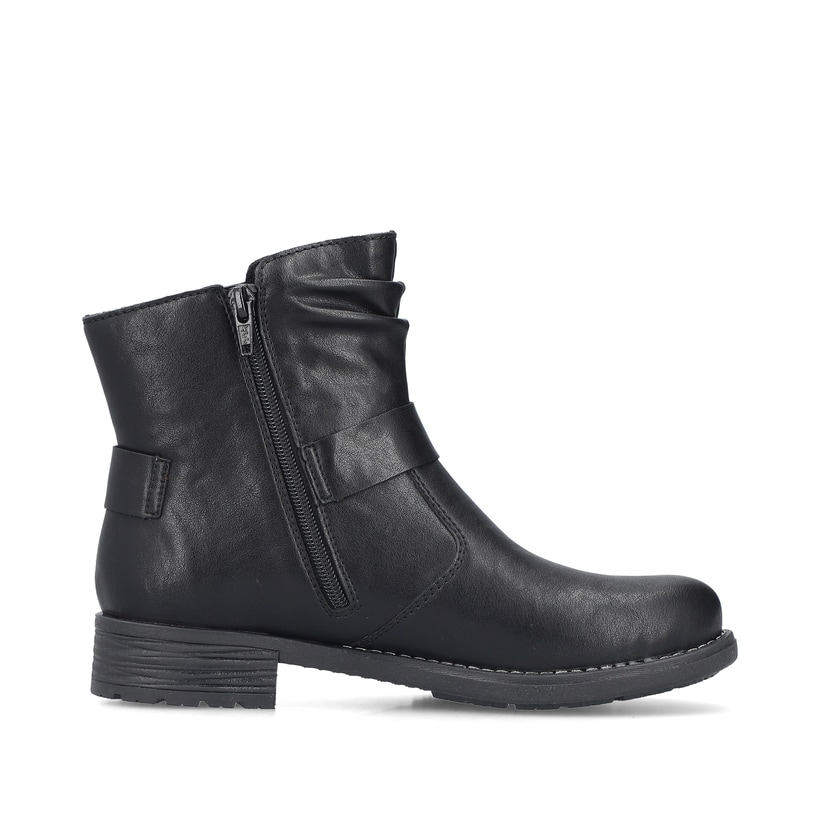 Biker Boots Rieker noires pour femme 79462-00 avec boucle décorative. Chaussure vue de l'arrière.
