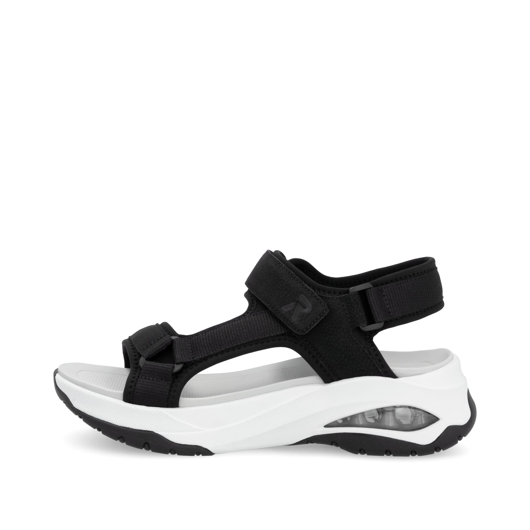 Schwarze vegane Rieker Damen Trekkingsandalen W3151-01 mit einem Klettverschluss. Schuh Außenseite.