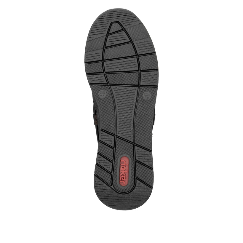 Urbanschwarze Rieker Damen Slipper 58954-00 mit elastischem Schaftrand. Schuh Laufsohle.