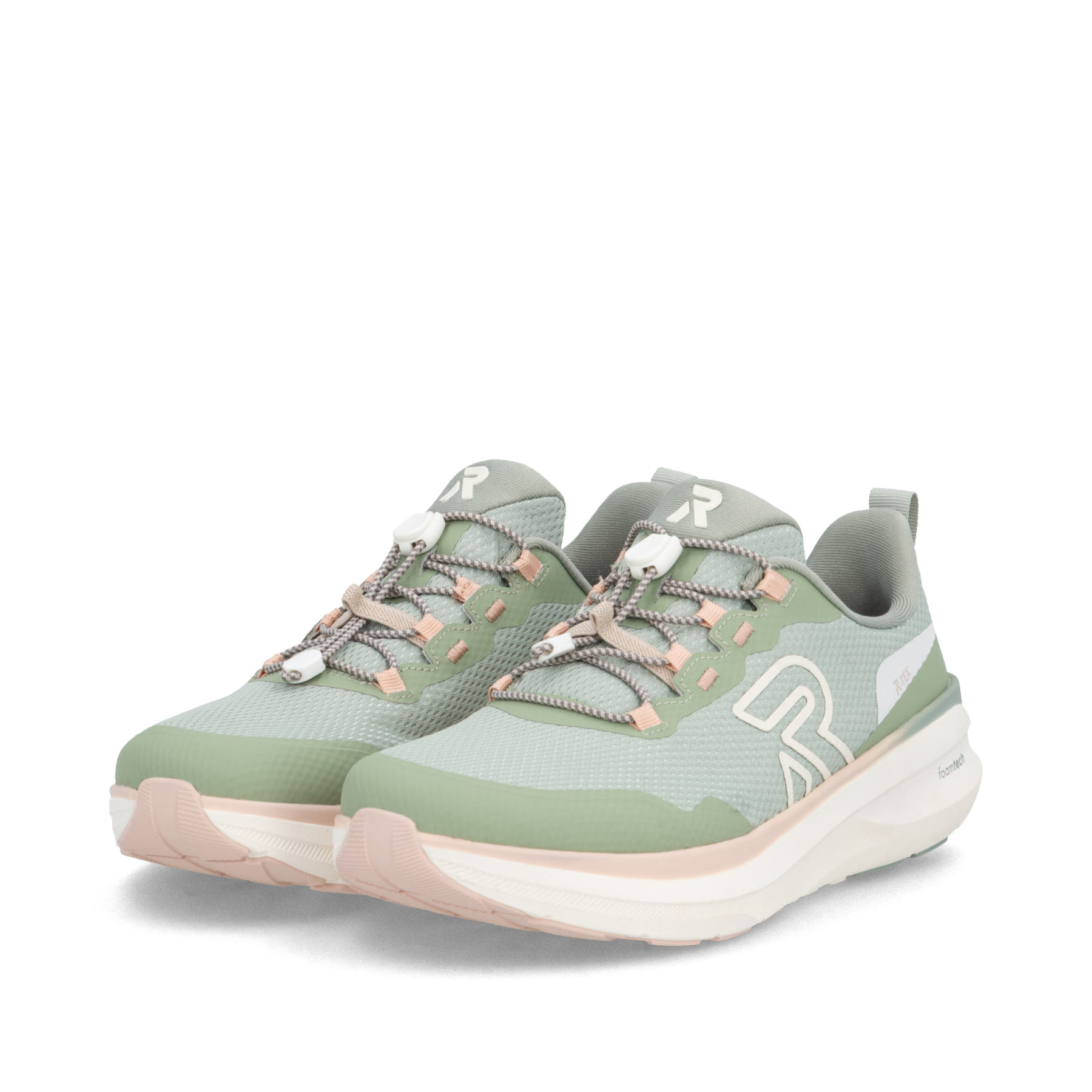 Grüne Rieker Sport Damen Sneaker Low W4300-52. Schuhpaar seitlich schräg.