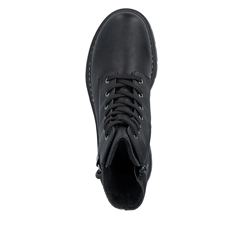 Biker Boots Rieker noires pour femmes 76724-00 avec fermeture éclair. Chaussure vue de dessus.