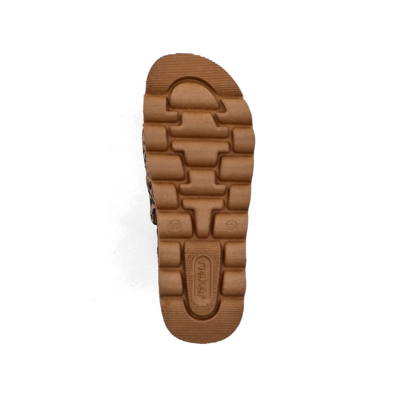 Braune Rieker Damen Pantoletten V8763-61 mit modischen Raffungen. Schuh Laufsohle.