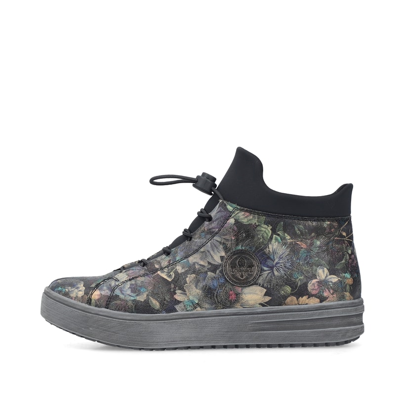 Graue Rieker Damen Kurzstiefel L2550-90 mit floralem Aufdruck. Schuh Außenseite.