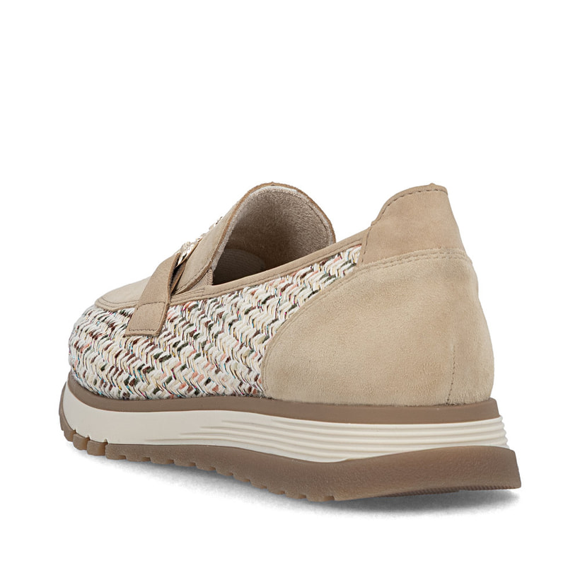 Mocassins Rieker beiges pour femme 49042-62 en cuir velours. Chaussure vue de l'arrière.