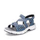 Blaue Rieker Damen Trekkingsandalen V9871-14 mit einem Elastikeinsatz. Schuh seitlich schräg.