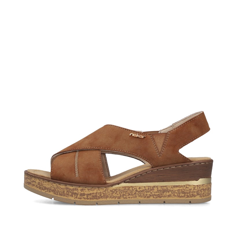 Sandales compensées Rieker marron femme 63782-24 avec bande élastique. Côté extérieur de la chaussure.
