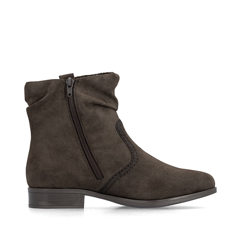 Dunkelbraune Rieker Damen Kurzstiefel 77042-25 mit einem Reißverschluss. Schuh Innenseite.