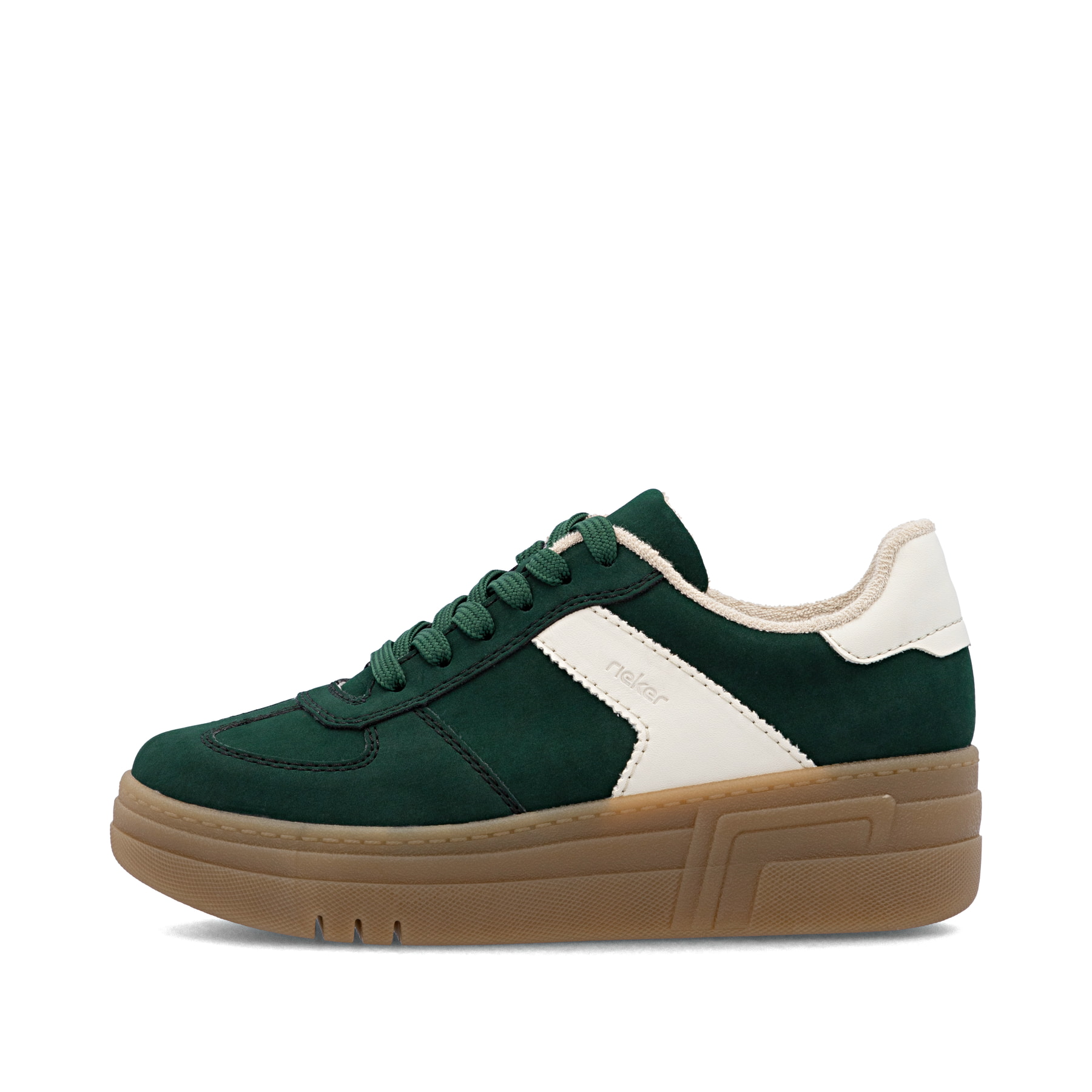 Baskets basses Rieker vertes pour femme M7602-54 avec lacets. Côté extérieur de la chaussure.
