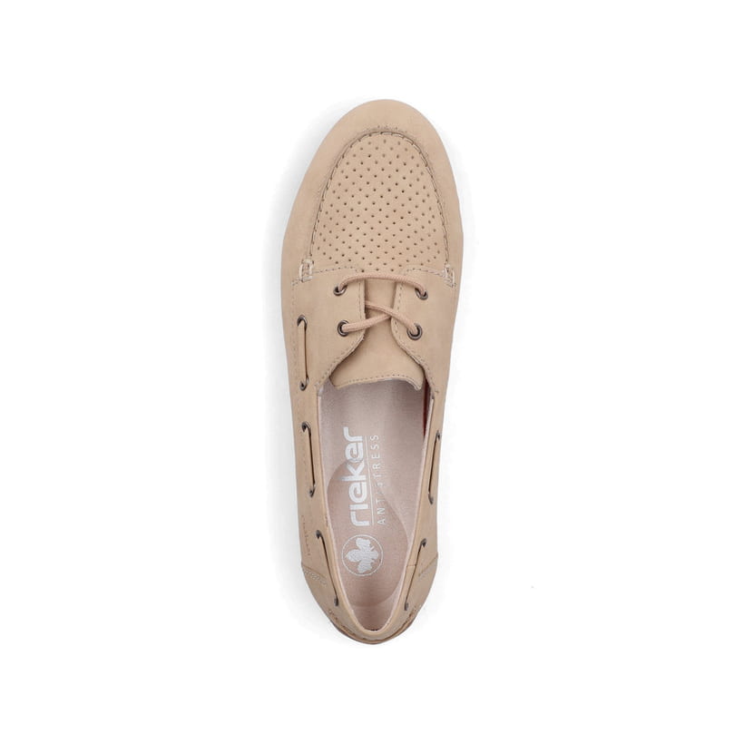Beige Rieker Damen Schnürschuhe 43800-60 mit einer herausnehmbaren Einlegesohle. Schuh von oben.