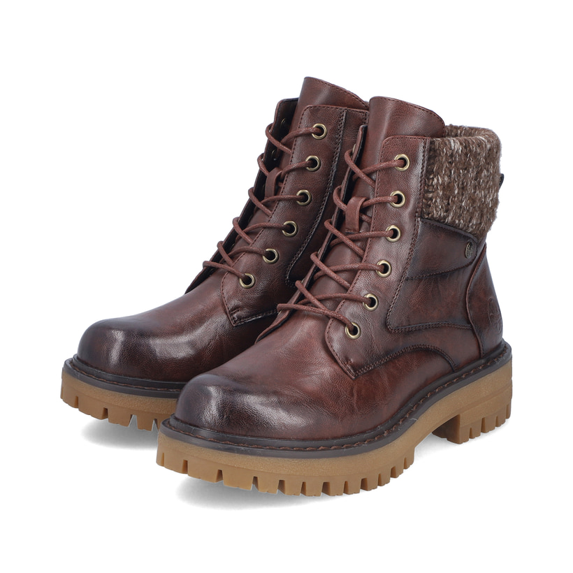 Dunkelbraune Rieker Damen Schnürstiefel 92920-25 mit einem Reißverschluss. Schuhpaar seitlich schräg.
