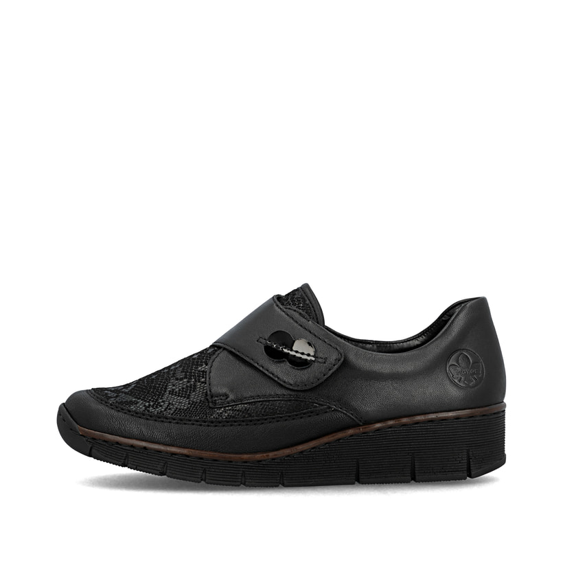 Mocassins Rieker noirs pour femme 537C0-00 avec perles noires. Côté extérieur de la chaussure.