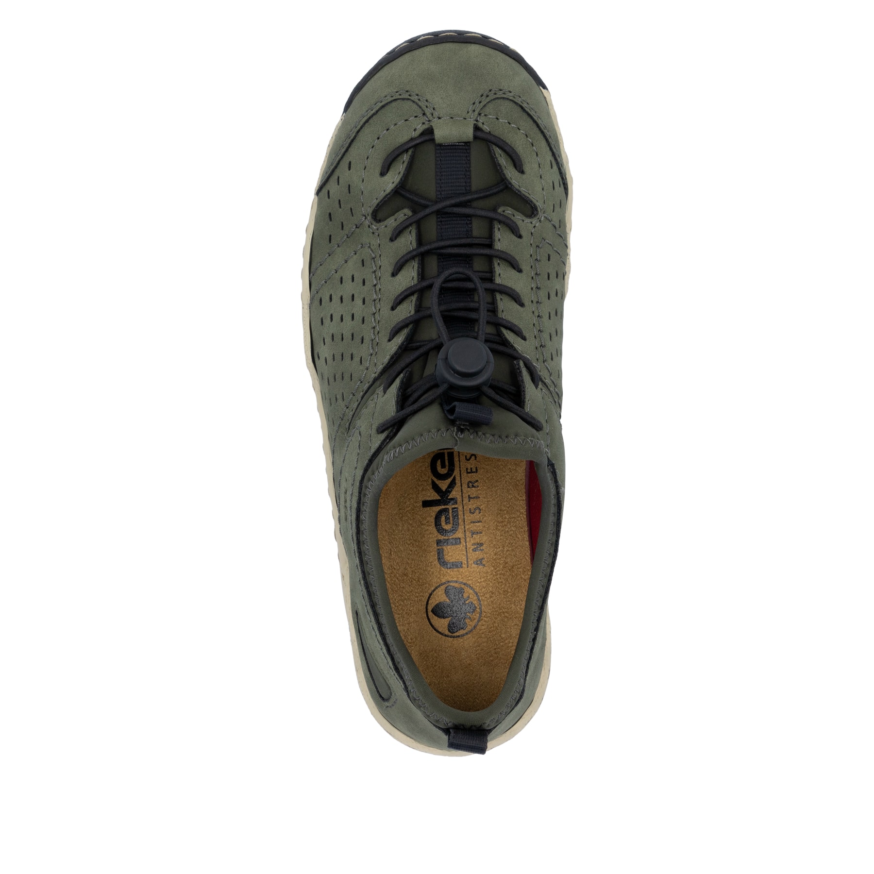 Grüne Rieker Damen Slipper L0574-54 mit einem Gummizug. Schuh von oben.