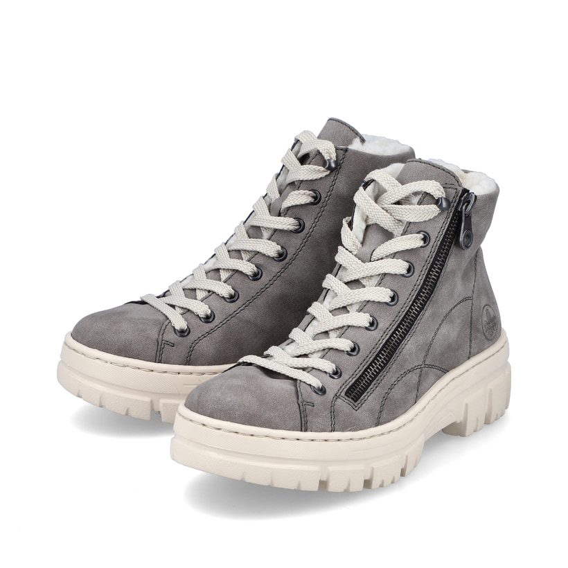 Quarzgraue Rieker Damen Schnürstiefel Z7410-40 mit dunklen Ziernähten. Schuhpaar seitlich schräg.
