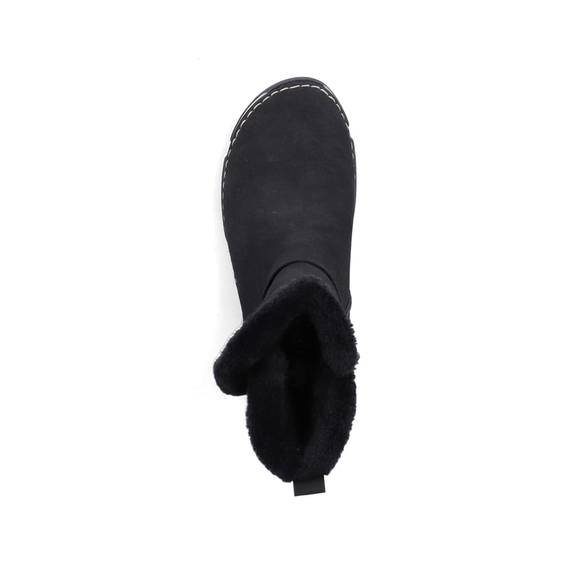 Schwarze Rieker Damen Kurzstiefel 45966-01 mit trendiger Schnalle. Schuh von oben.