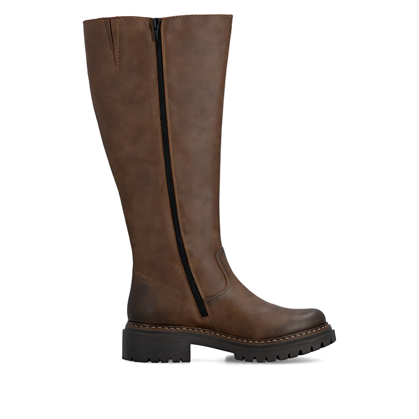 Braune Rieker Damen Hochschaftstiefel 72656-22 mit einem Reißverschluss. Schuh Innenseite.