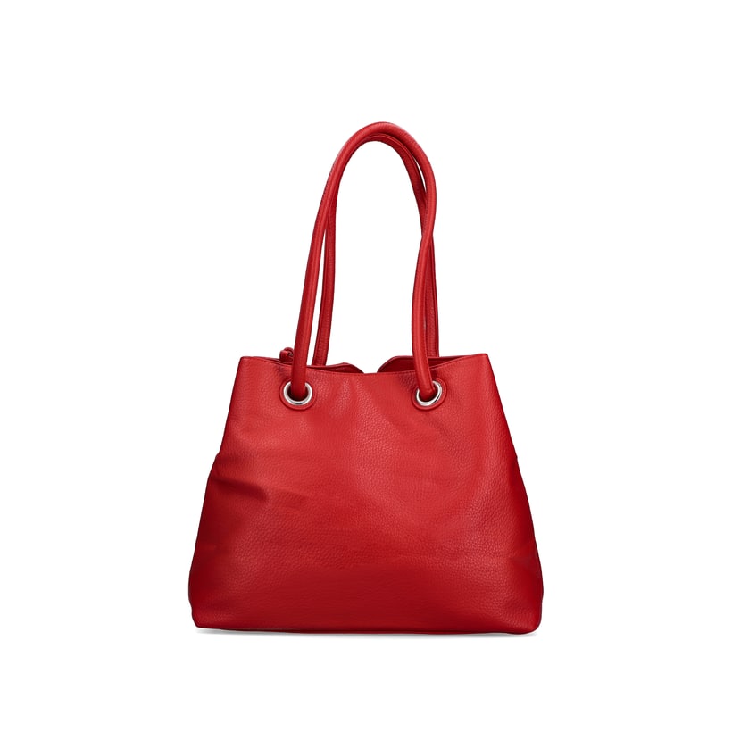 Sac à main Rieker H1021-33 rouge avec détails argentés, pendentif en forme de cœur et fermeture éclair. Côté gauche.