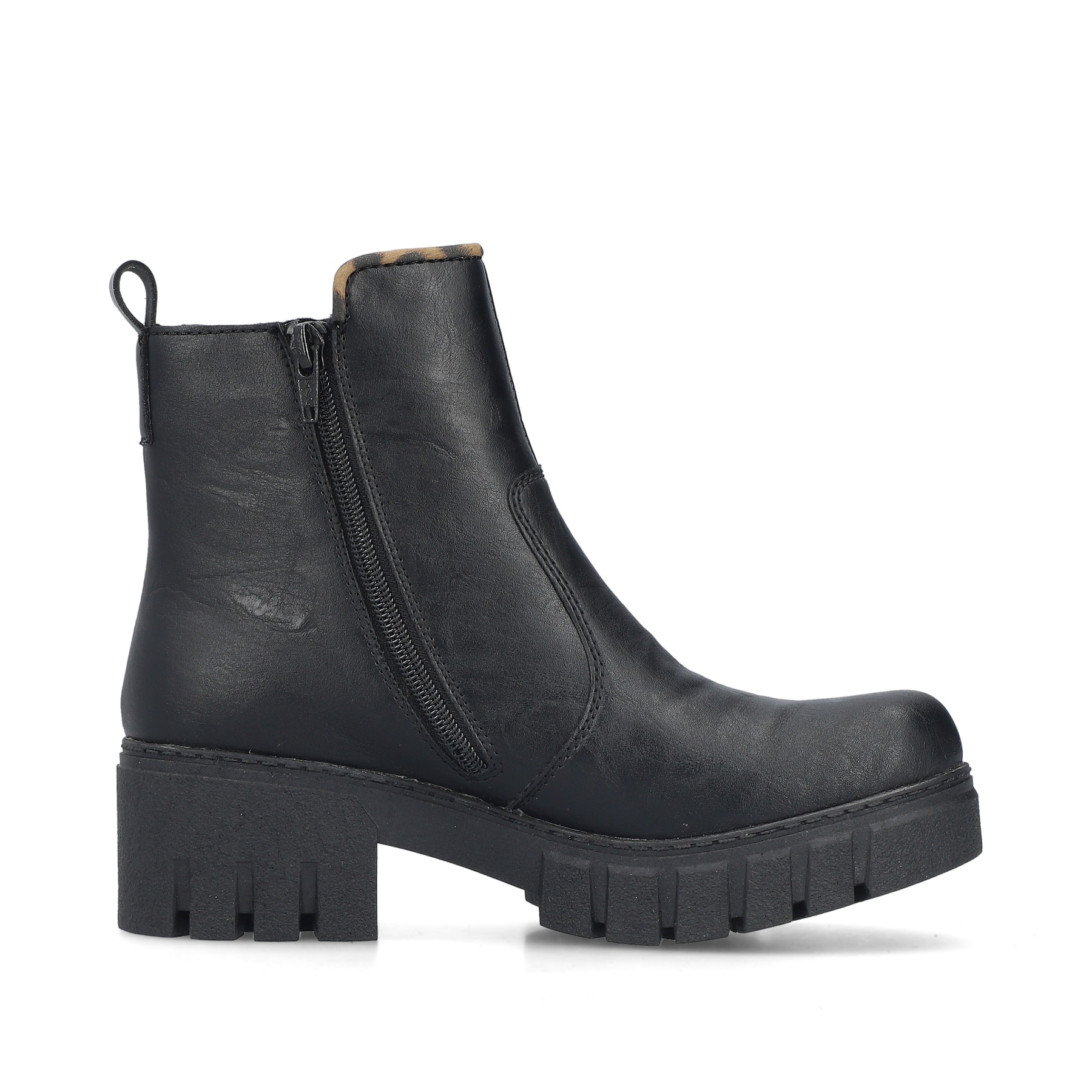 Schwarze Rieker Damen Chelsea Boots 74562-00 mit Leo-Print sowie Reißverschluss. Schuh Innenseite.