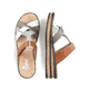 Mehrfarbige Rieker Damen Pantoletten 62989-90 mit handgestickten Nähten. Schuh von oben, liegend.