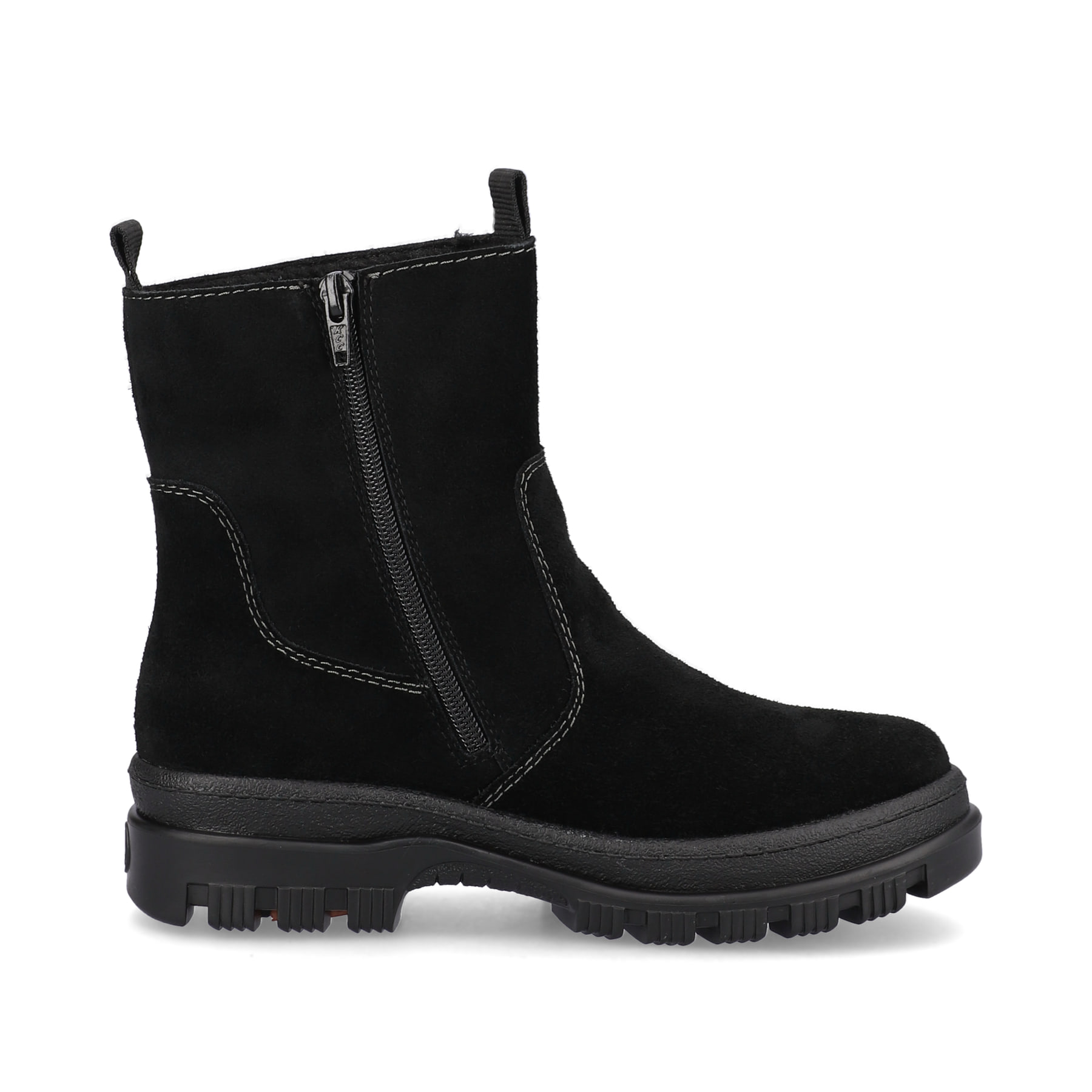 Tiefschwarze Rieker Damen Kurzstiefel X8250-00 mit Flip-Grip Sohle. Schuh Innenseite.