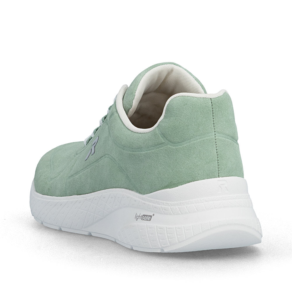 Grüne Rieker Damen Schnürschuhe M8501-52 mit einer herausnehmbaren Einlegesohle. Schuh von hinten.