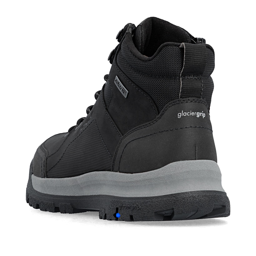 Schwarze Rieker Herren Schnürstiefel 30301-00 mit dem umdrehbaren Glacier Grip. Schuh von hinten.