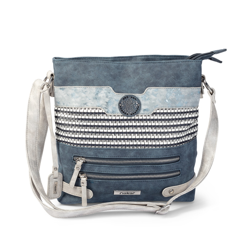Sac à bandoulière Rieker H1346-16 bleu-combi avec un élément de design grossièrement tressé et trois compartiments intérieurs. Face avant.