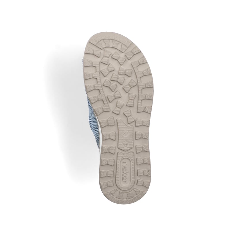 Blaue vegane Rieker Damen Pantoletten 65651-12 mit Rieker Air Sohlenfenster. Schuh Laufsohle.