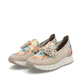 Rosane Rieker Damen Loafer N7460-31 mit dekorativer Blume sowie einem Gummizug. Schuhpaar seitlich schräg.