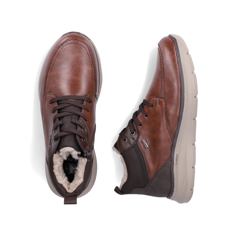 Braun-dunkelblaue Rieker Herren Schnürstiefel B1824-24 mit der lightsole+. Schuh von oben, liegend.