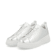 Silberne Rieker Damen Sneaker Low W2301-90 mit einer Gummischnürung. Schuhpaar seitlich schräg.