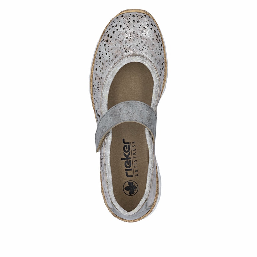Beige Rieker Ballerinas N4299-90 mit metallischem Finish sowie Klettverschluss. Schuh von oben.