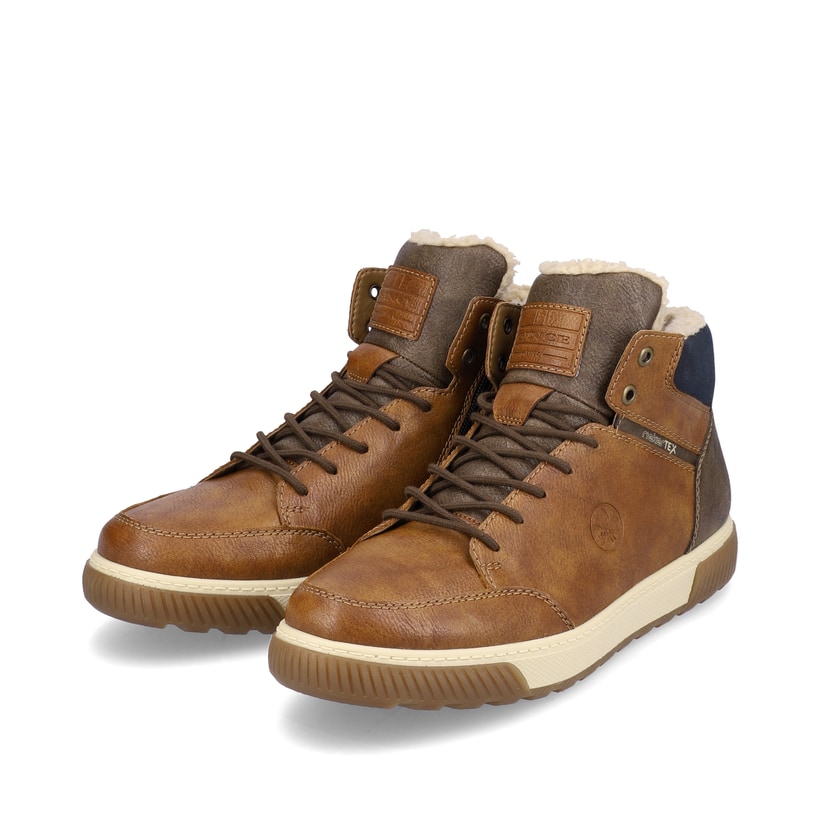 Nougatbraune Rieker Herren Schnürstiefel 18930-25 mit Schnürung und Reißverschluss. Schuhpaar schräg.