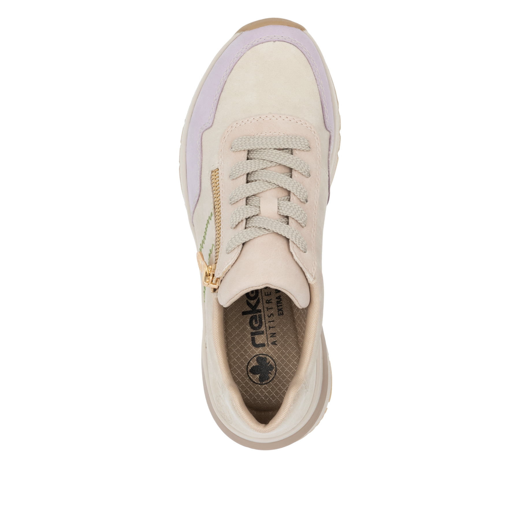 Beige Rieker Damen Sneaker Low M6601-60 mit modernen Ziernähten. Schuh von oben.