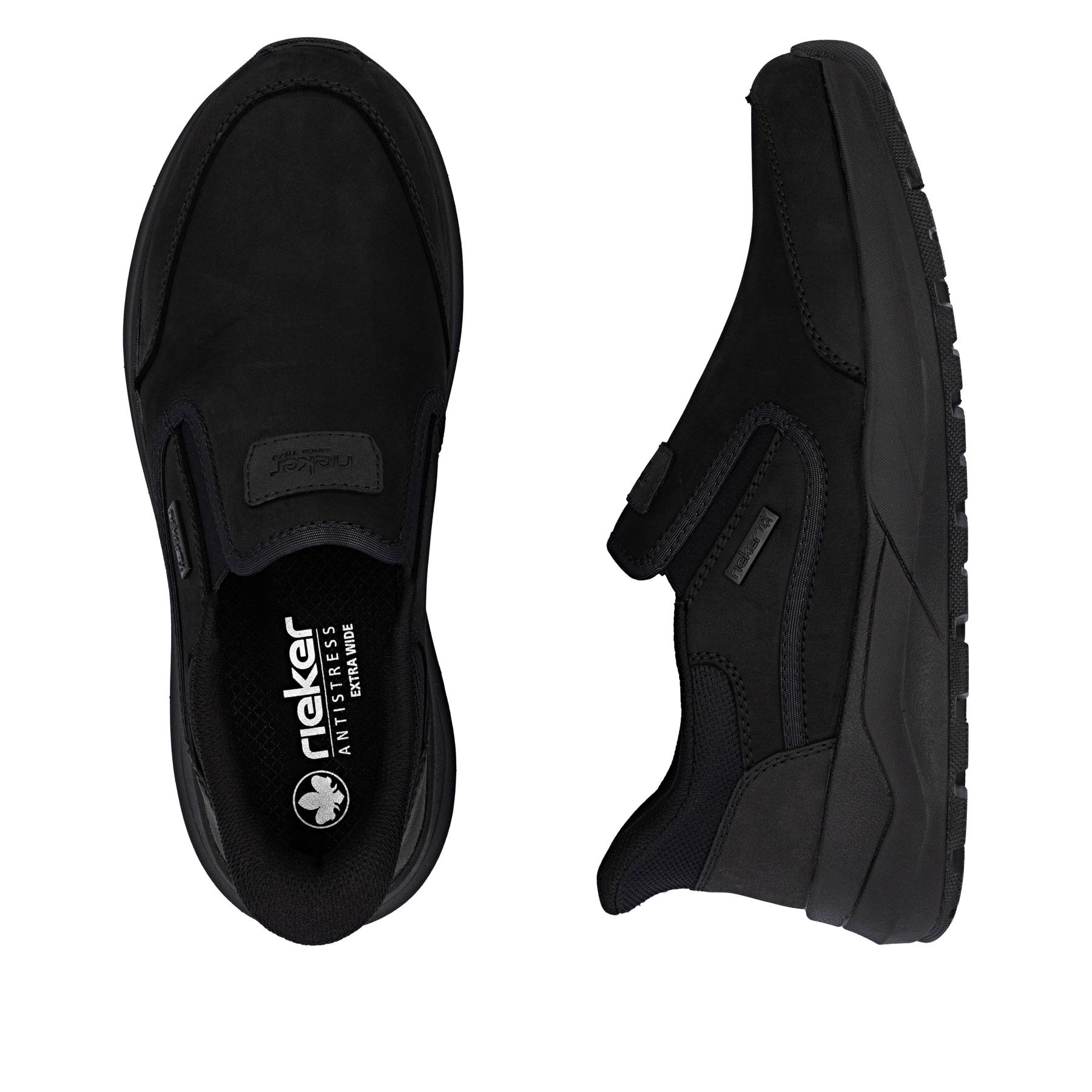 Schwarze Rieker Herren Slipper 06052-00 aus Rauleder. Schuh von oben, liegend.