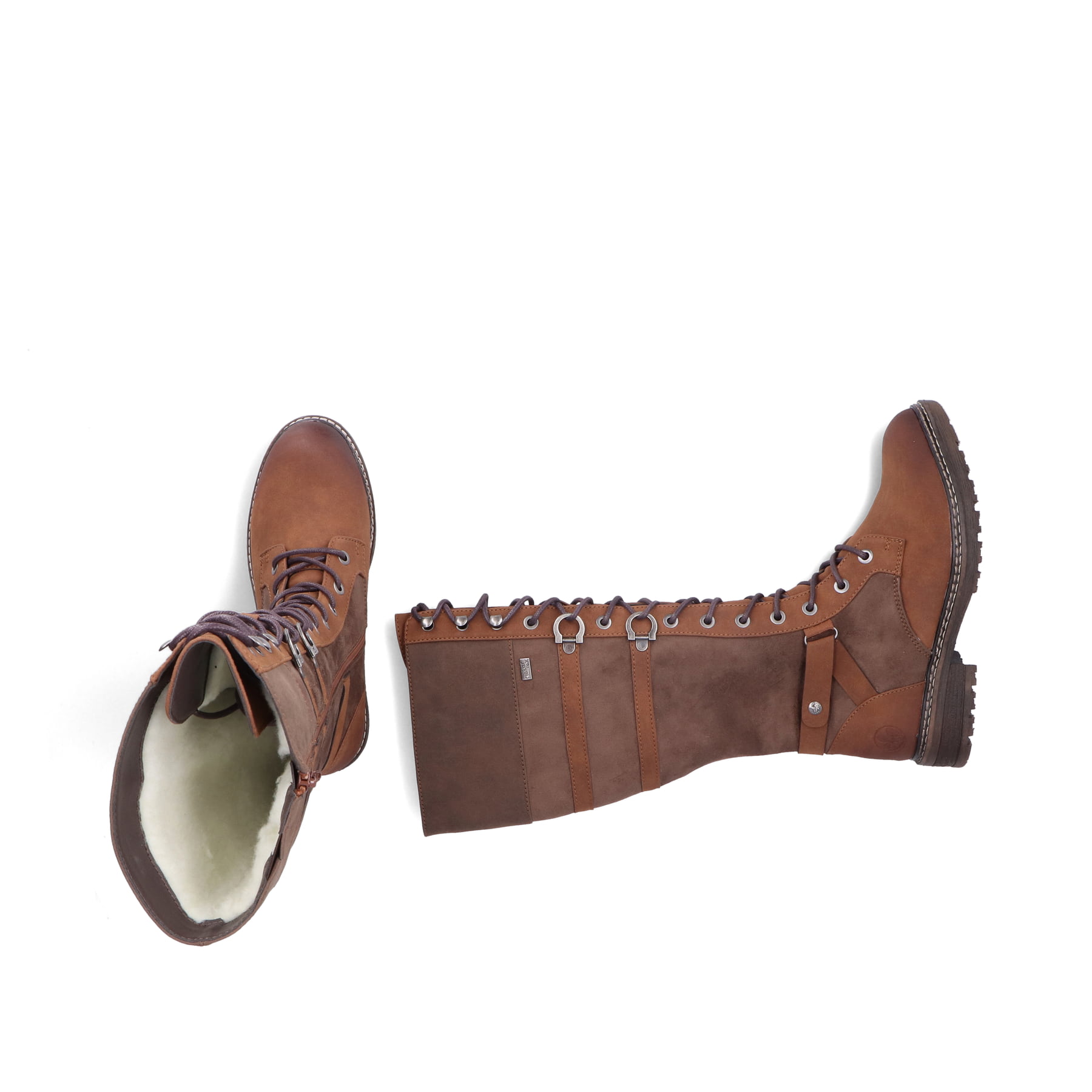 Dunkelbraune Rieker Damen Hochschaftstiefel 94732-25 mit einem Reißverschluss. Schuh von oben, liegend.